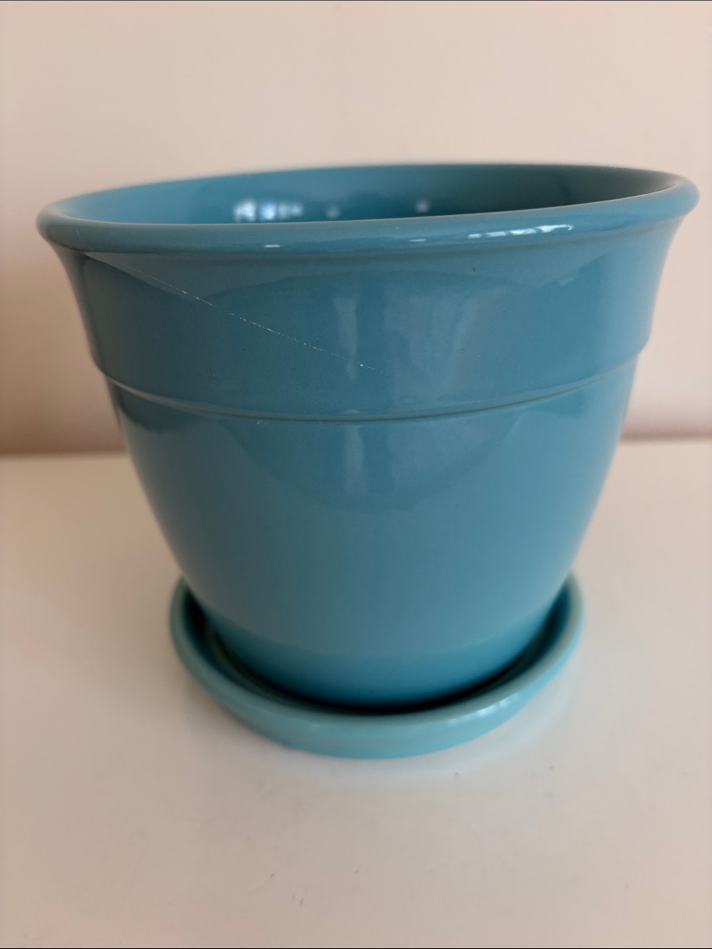 Glossy Blue Ceramic Planter with Saucer